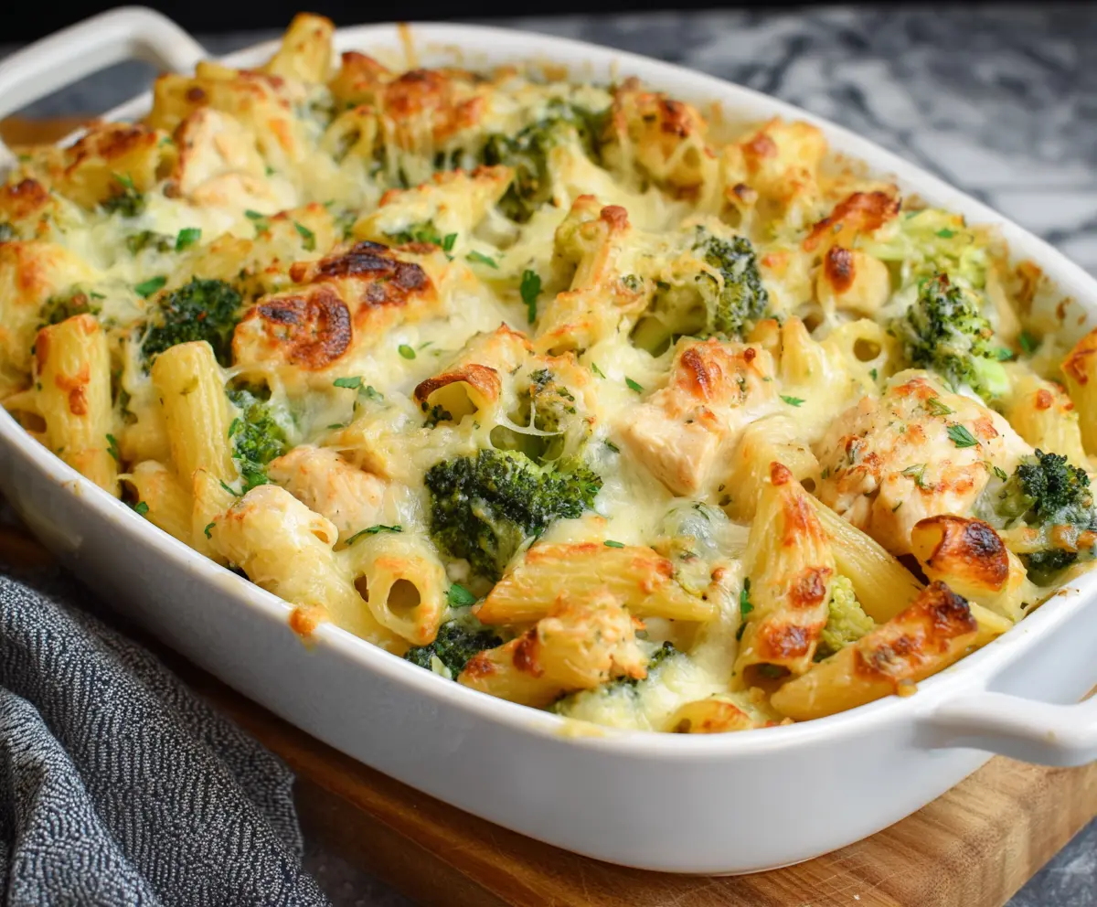 Delicious chicken and broccoli pasta bake served hot in a baking dish, perfect for family dinner.