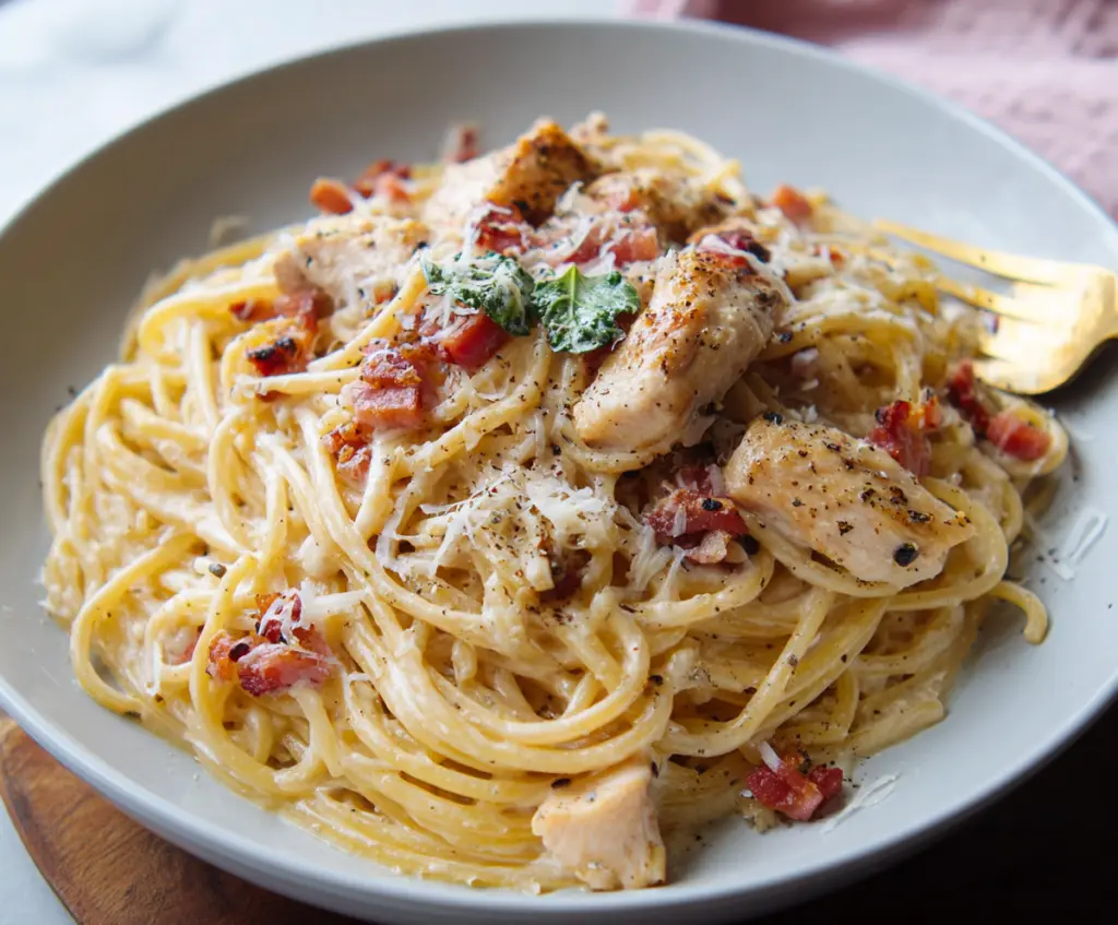 Delicious Chicken Carbonara Pasta dish with creamy sauce and tender chicken pieces