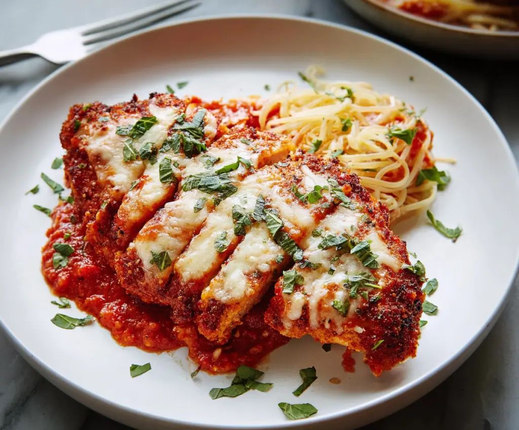 Delicious Chicken Parmesan topped with melted cheese and marinara sauce served on a plate.