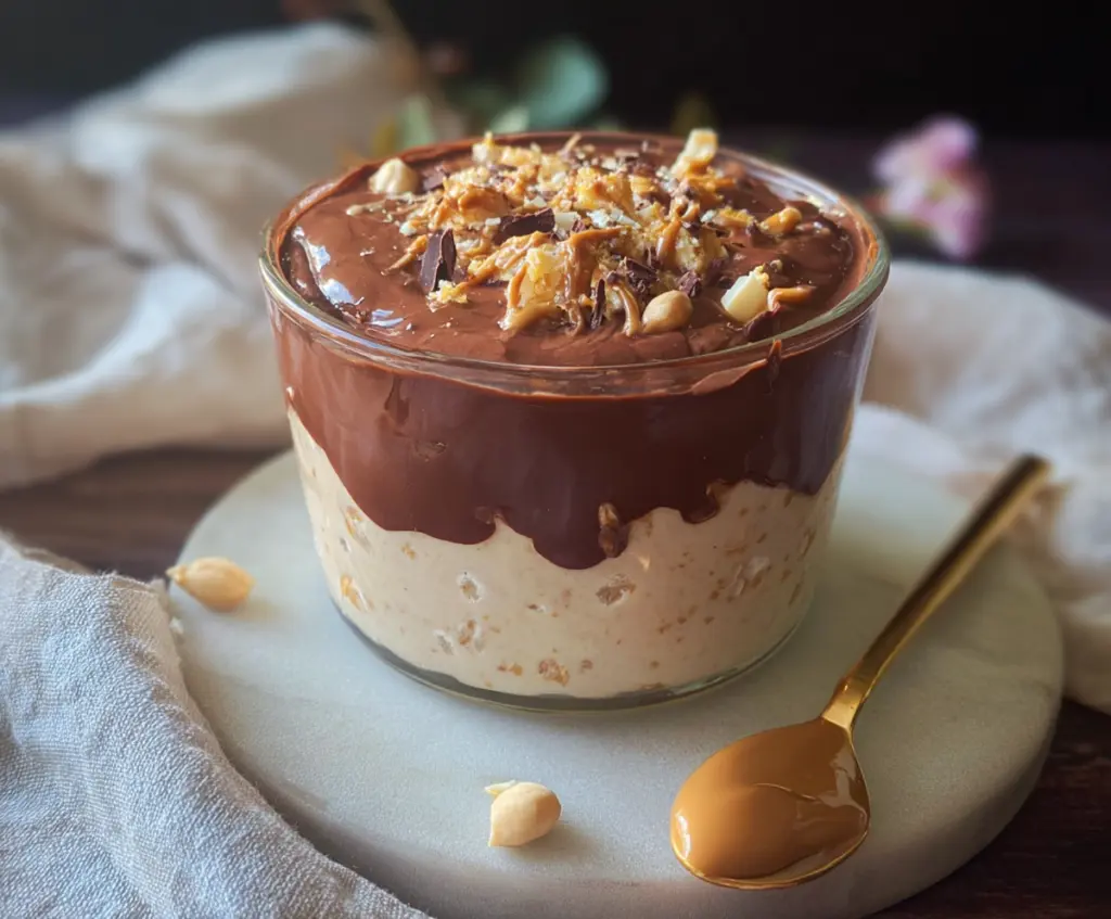 Creamy chocolate and peanut butter cottage cheese bowl, healthy and high-protein snack option