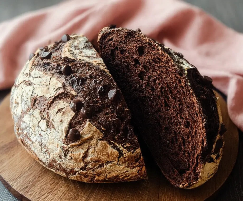 Homemade chocolate sourdough discard bread on a rustic wooden board, showcasing a delicious, freshly baked loaf with a rich chocolate flavor.