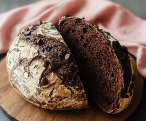 Homemade chocolate sourdough discard bread on a rustic wooden board, showcasing a delicious, freshly baked loaf with a rich chocolate flavor.