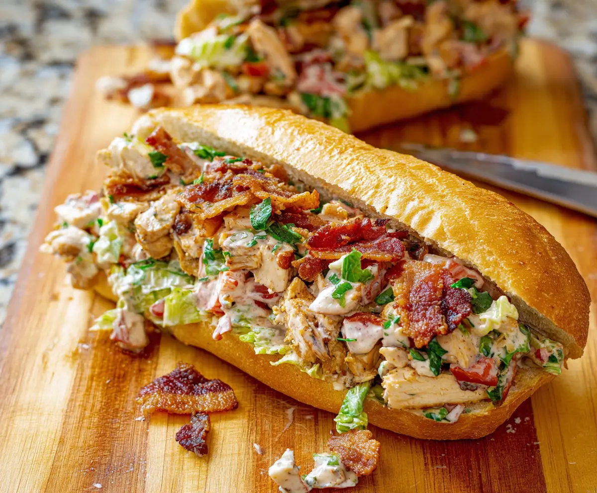 Delicious chopped chicken bacon ranch sandwich with fresh ingredients on a rustic plate.