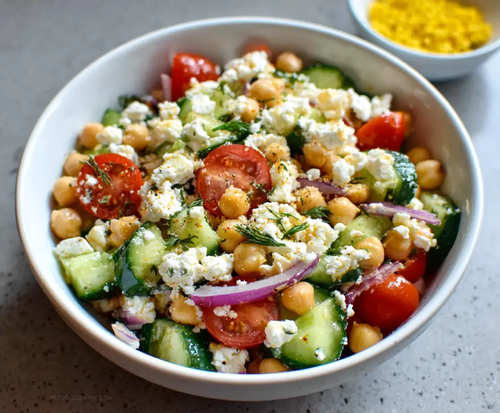 Fresh cottage cheese and chickpea salad in a white bowl, garnished with herbs