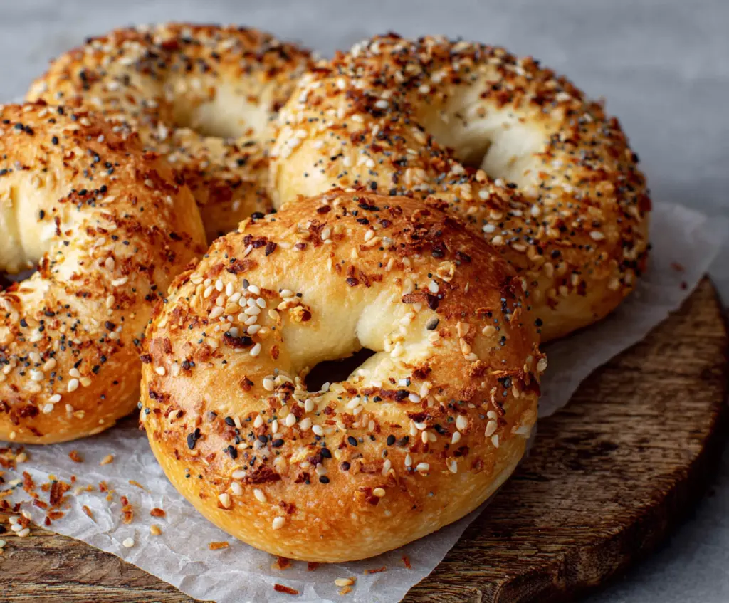 Delicious homemade cottage cheese bagels topped with sesame seeds served fresh.