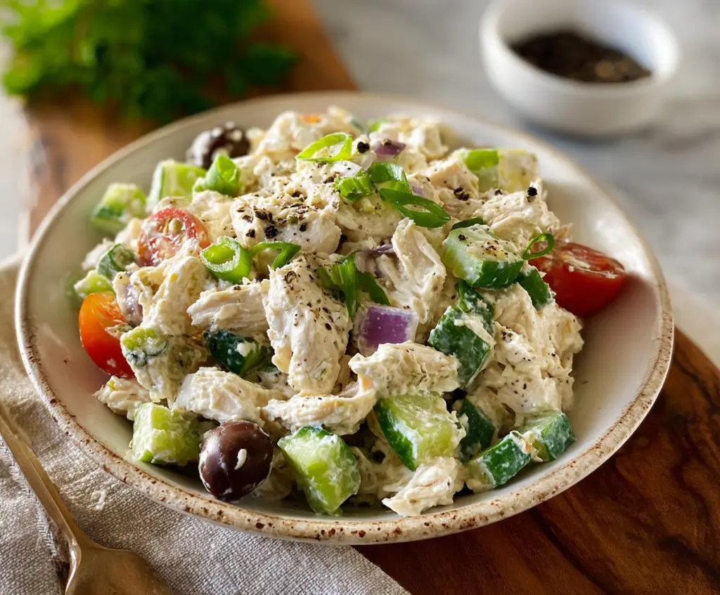 Healthy cottage cheese chicken salad with fresh vegetables and herbs, perfect for a protein-packed meal.