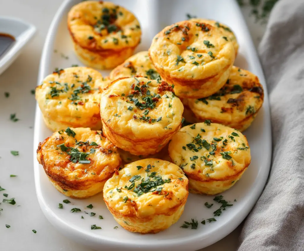Delicious cottage cheese egg bites garnished with herbs on a white plate.
