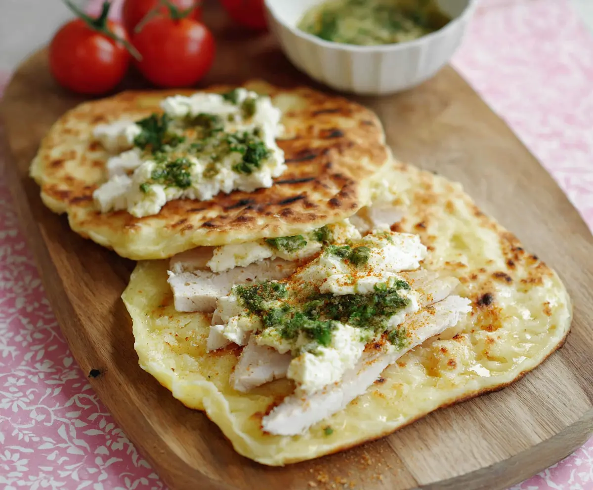 Delicious homemade cottage cheese flatbread topped with fresh herbs and sesame seeds.