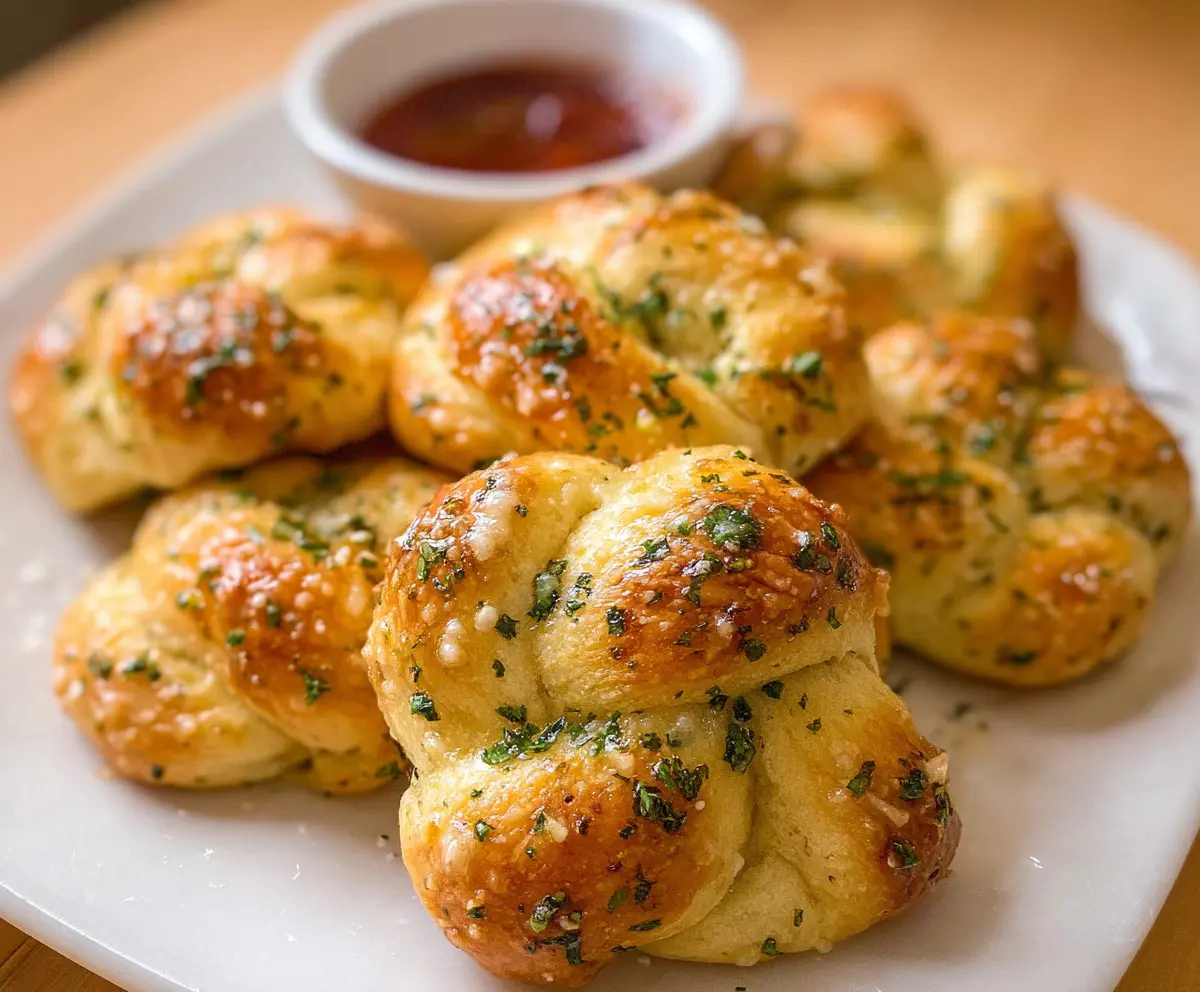 Delicious cottage cheese garlic knots fresh out of the oven, garnished with herbs.