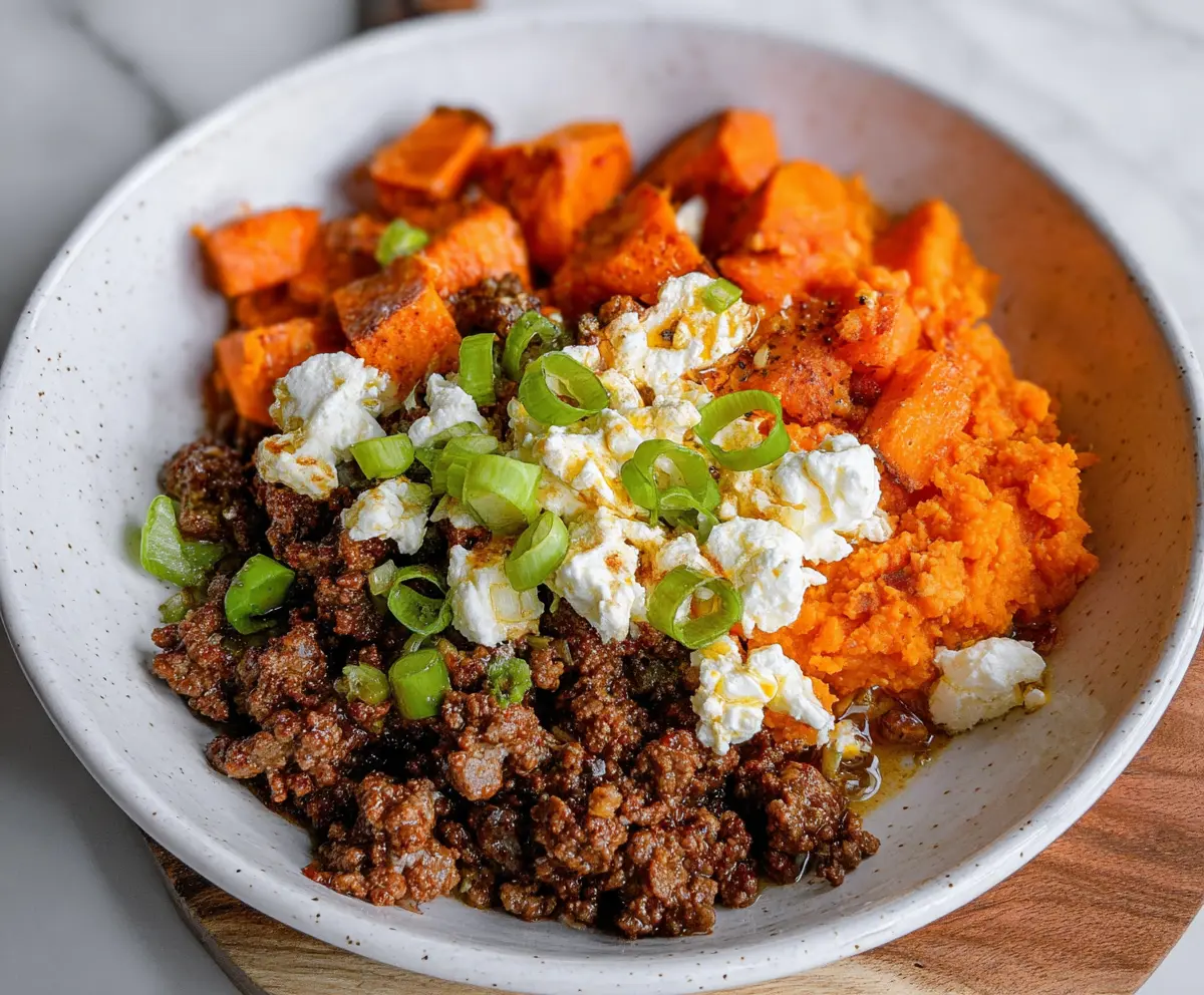 Delicious Cottage Cheese Sweet Potato Beef dish served on a plate, highlighting a healthy and colorful meal.