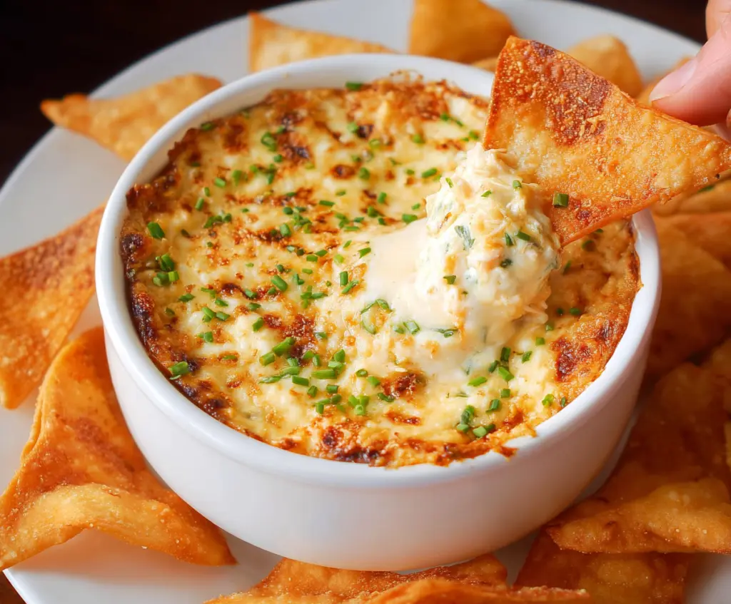 Delicious Crab Rangoon Dip topped with green onions served with crispy wonton chips for dipping.