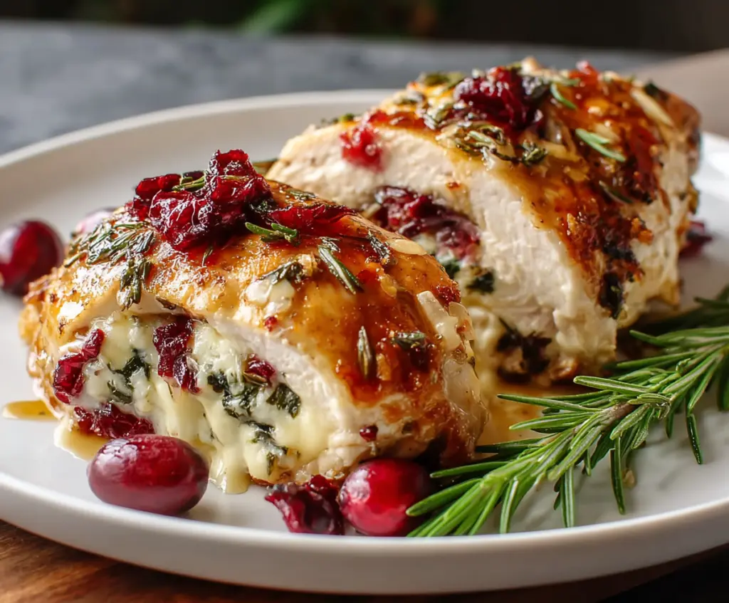 Delicious Cranberry Brie Stuffed Chicken dish garnished with fresh herbs on a serving plate.
