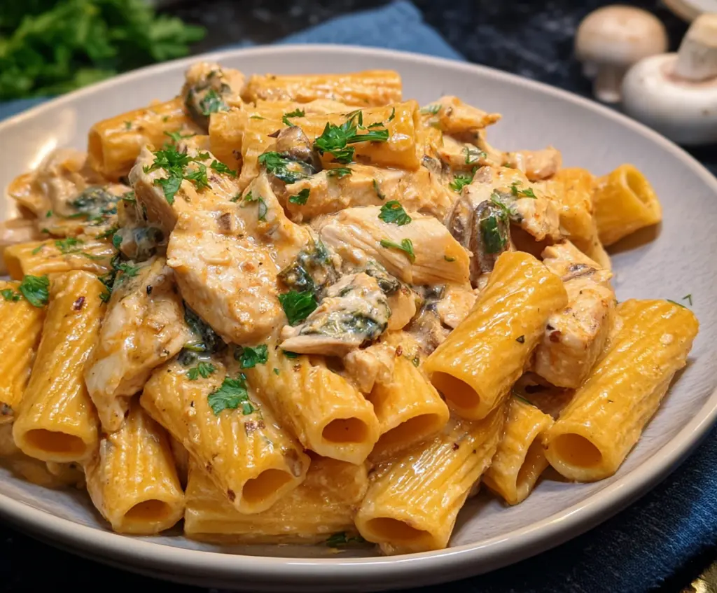 Delicious creamy chicken rigatoni pasta served with a rich, cheesy sauce and fresh herbs.