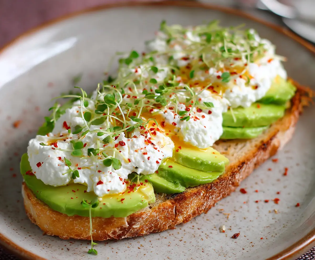 Delicious creamy cottage cheese and ripe avocado toast served on a crisp bread slice.