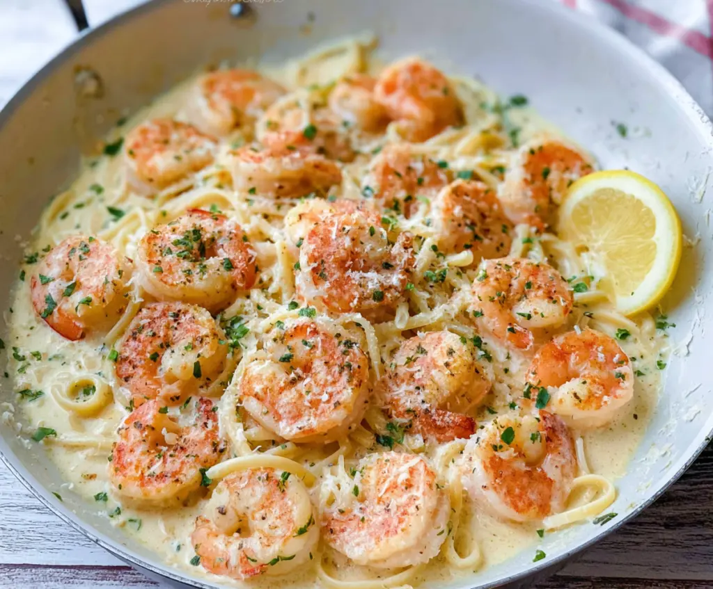Delicious creamy garlic Parmesan shrimp pasta garnished with fresh herbs on a elegant plate.