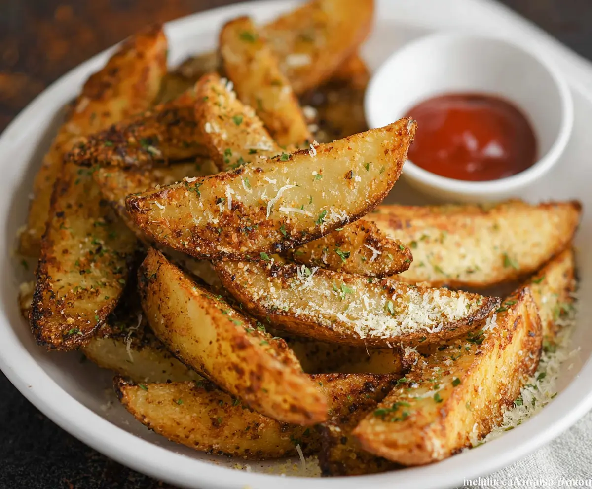 Golden and crispy seasoned potato wedges served with dipping sauces on a rustic plate.