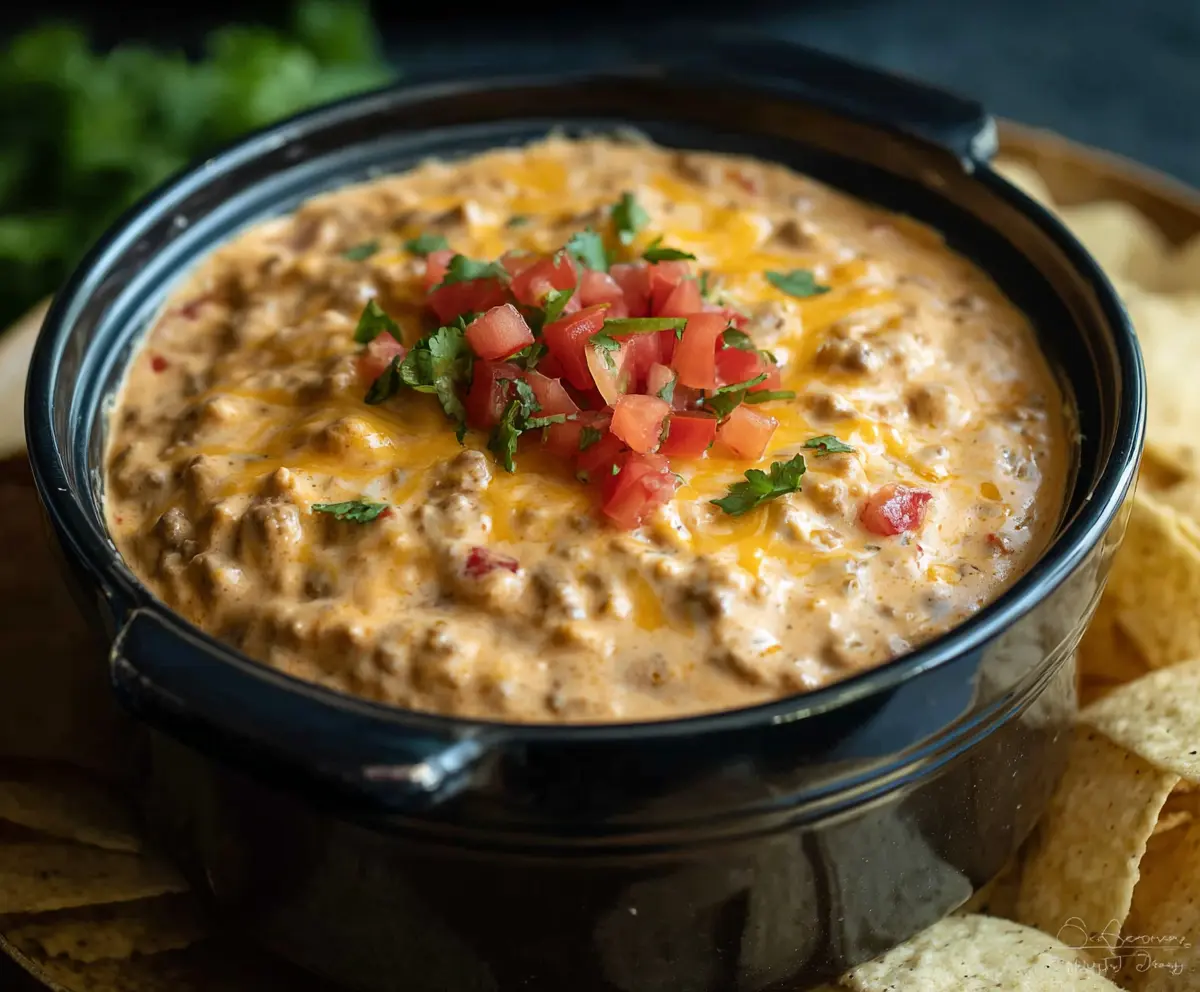 Creamy Crock Pot Cheeseburger Dip with melted cheese and savory beef served in a slow cooker.