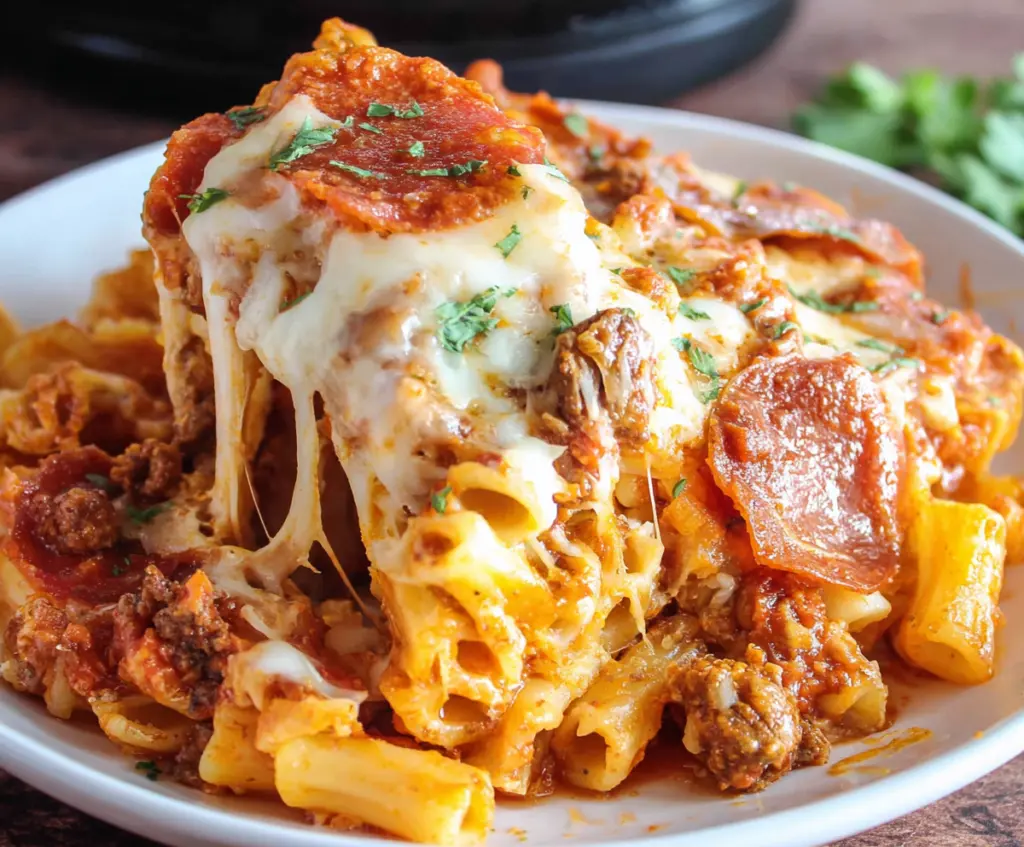 Delicious Crockpot Pizza Casserole with melted cheese, pepperoni, and fresh herbs in a slow cooker.
