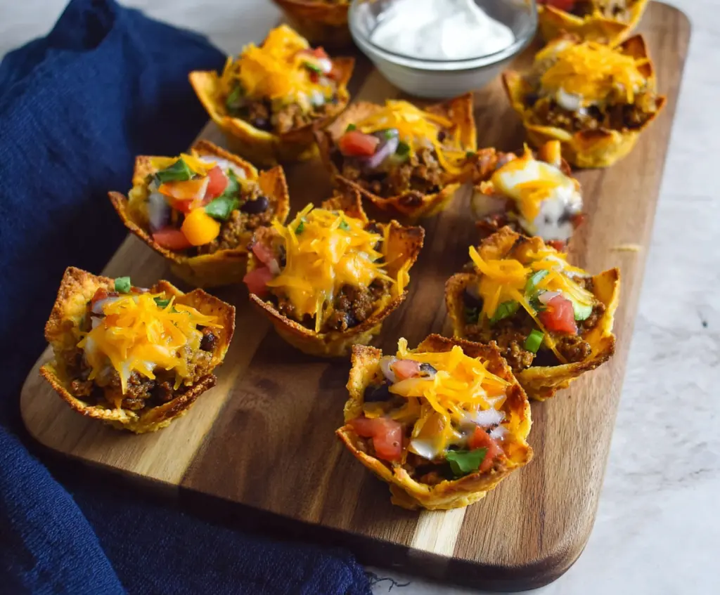 Crispy nacho cups filled with melted cheese and garnished with jalapenos on a plate.