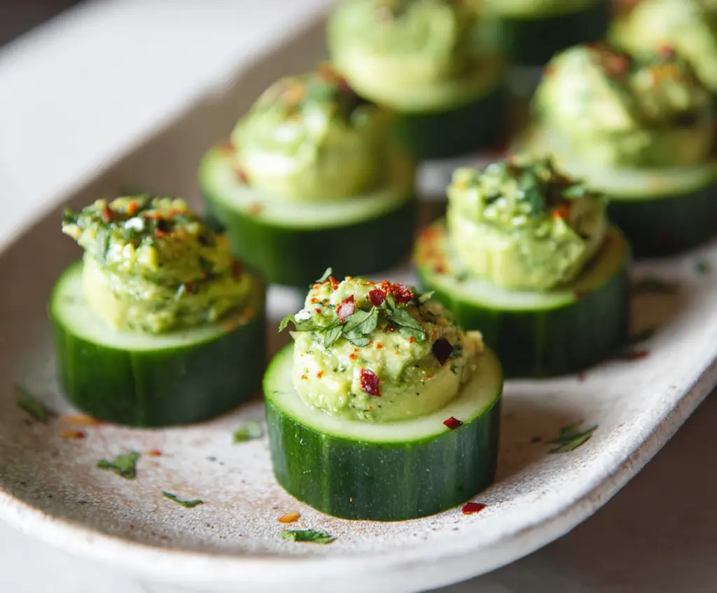 Fresh cucumber and avocado bites served as a healthy appetizer.