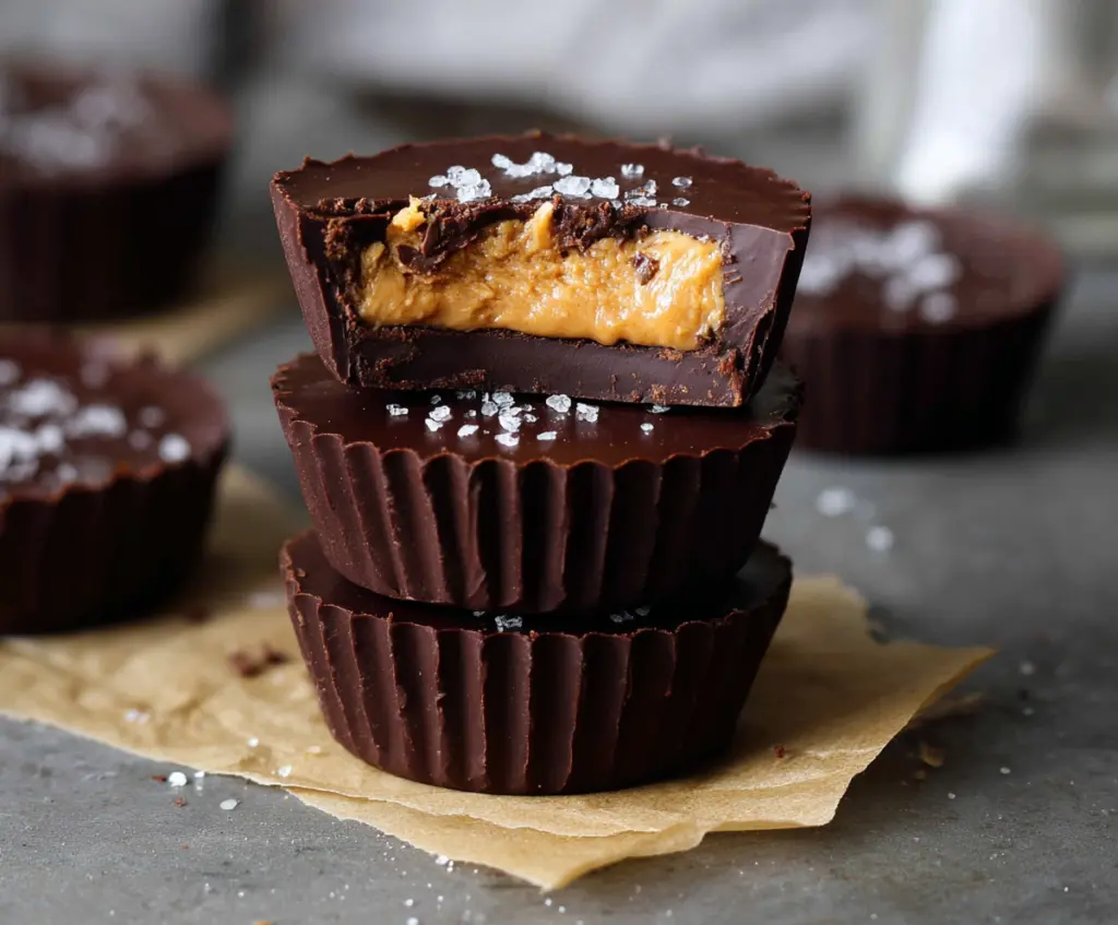 Delicious homemade dark chocolate peanut butter cups on a white plate.