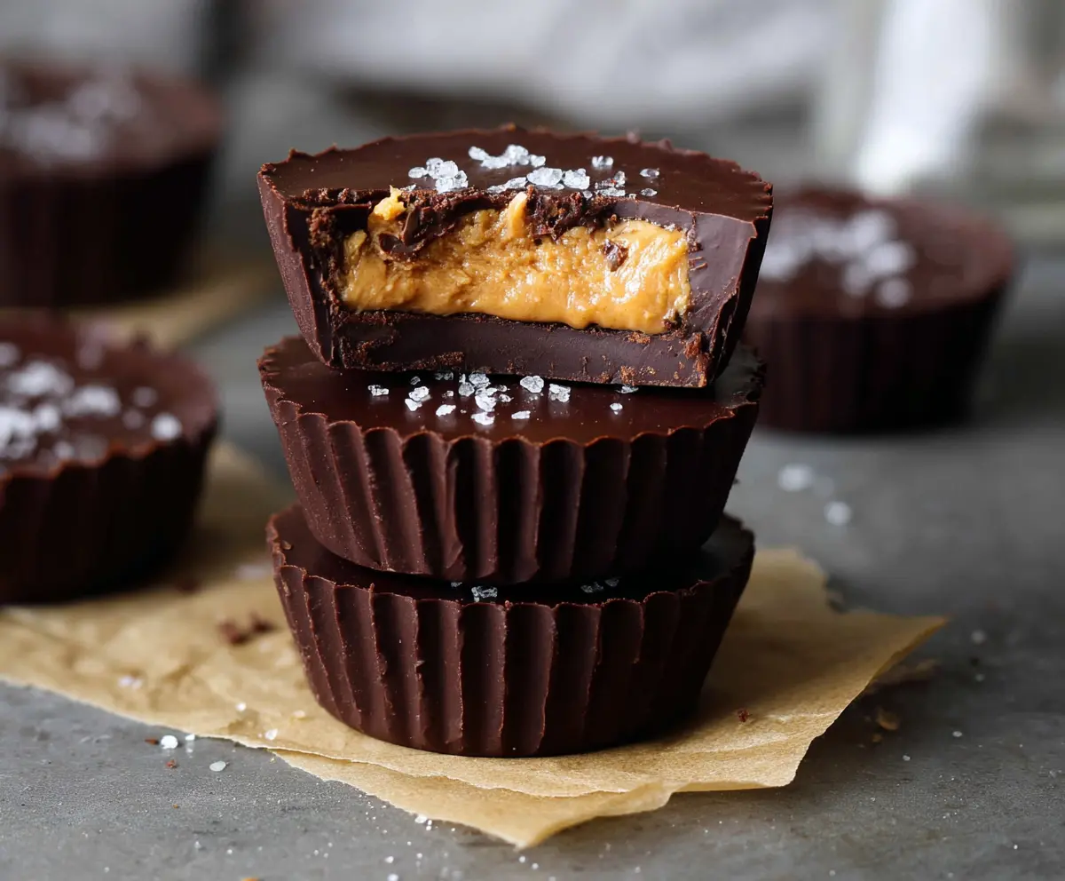 Delicious homemade dark chocolate peanut butter cups on a white plate.