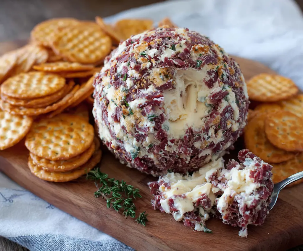 Delicious dried beef cheese ball appetizer on a platter, perfect for parties and gatherings