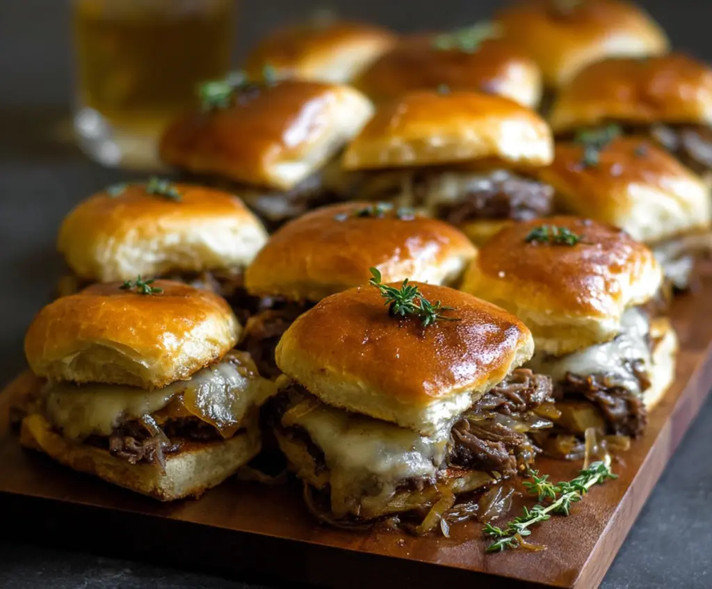Delicious French Onion Beef Sliders topped with melted cheese and caramelized onions, perfect for appetizers or parties.