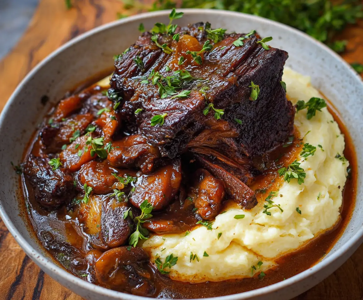 Delicious French-style braised short ribs served with herbs and vegetables.