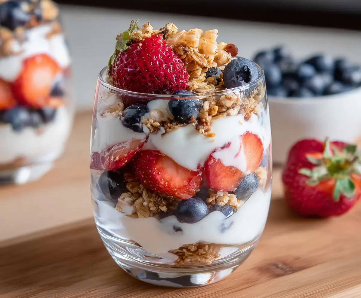Colorful fruit and creamy yogurt parfait layered in a glass for a healthy breakfast.