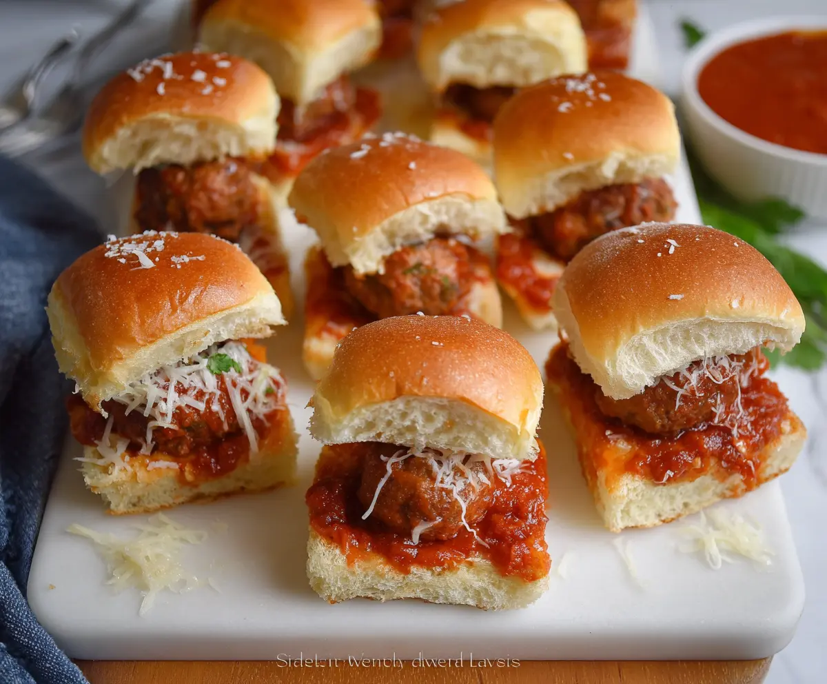 Delicious Game Day Meatball Sliders with melted cheese and marinara sauce, perfect for entertaining.