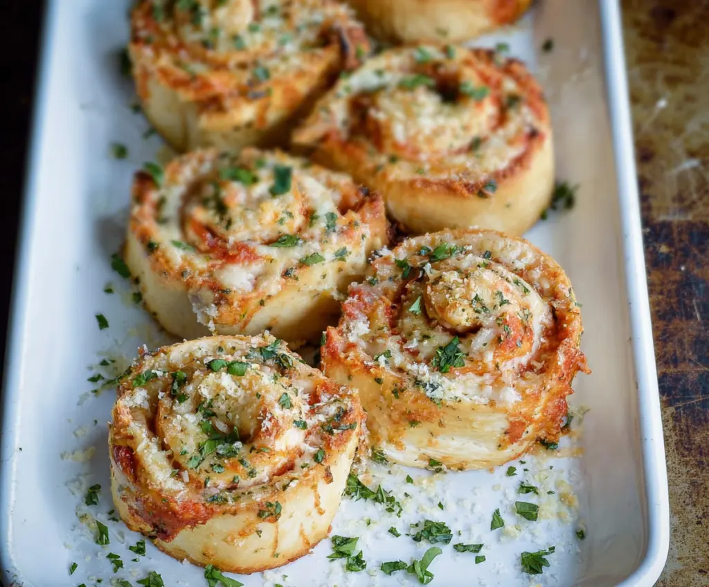 Delicious Garlic Parmesan Chicken Pinwheels garnished with fresh herbs on a serving plate.