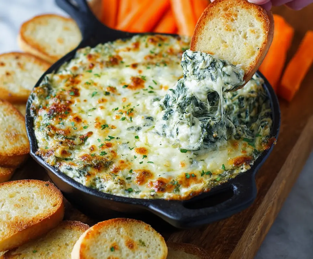 Creamy garlic Parmesan spinach dip served in a bowl with fresh herbs for a flavorful appetizer.