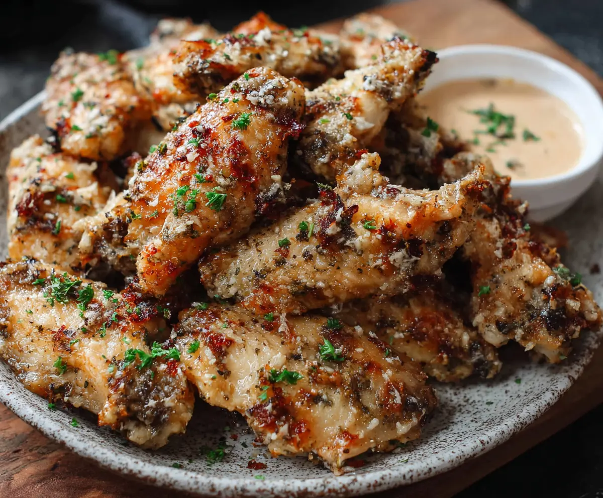 Delicious garlic Parmesan wings on a platter garnished with herbs, perfect for appetizer or game day.