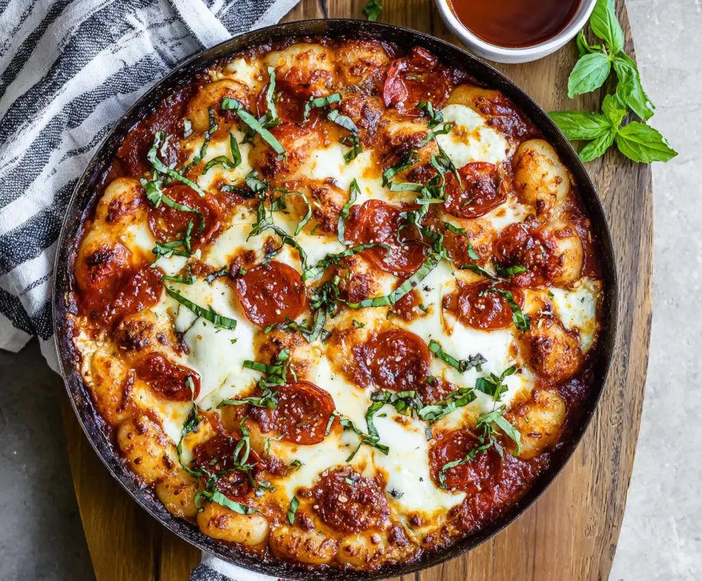 Delicious gnocchi pizza topped with melted cheese and fresh herbs on a rustic wooden table