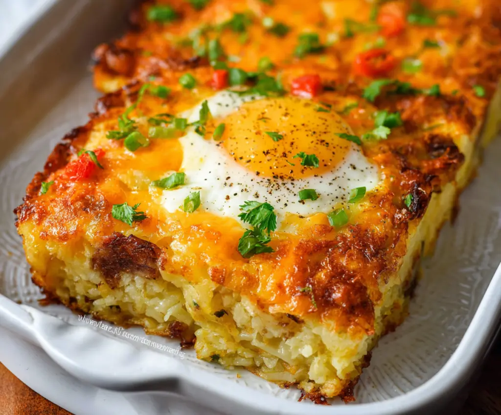 Delicious hashbrown breakfast casserole with eggs, perfect for a hearty breakfast meal.