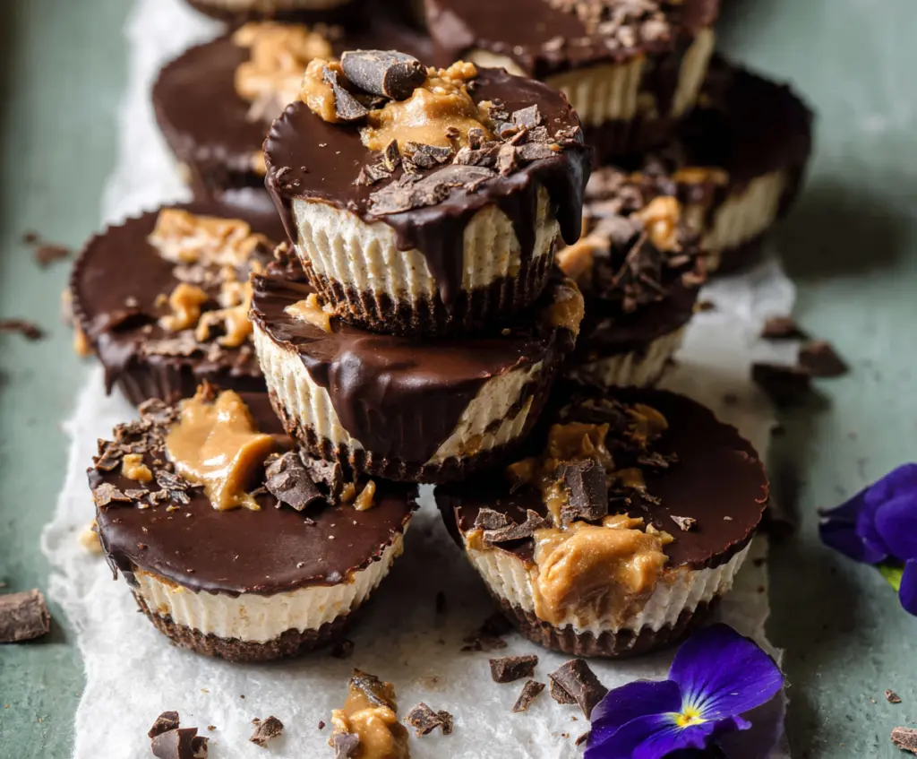 Healthy frozen peanut butter Greek yogurt cups topped with chocolate, perfect for a delicious and nutritious snack.