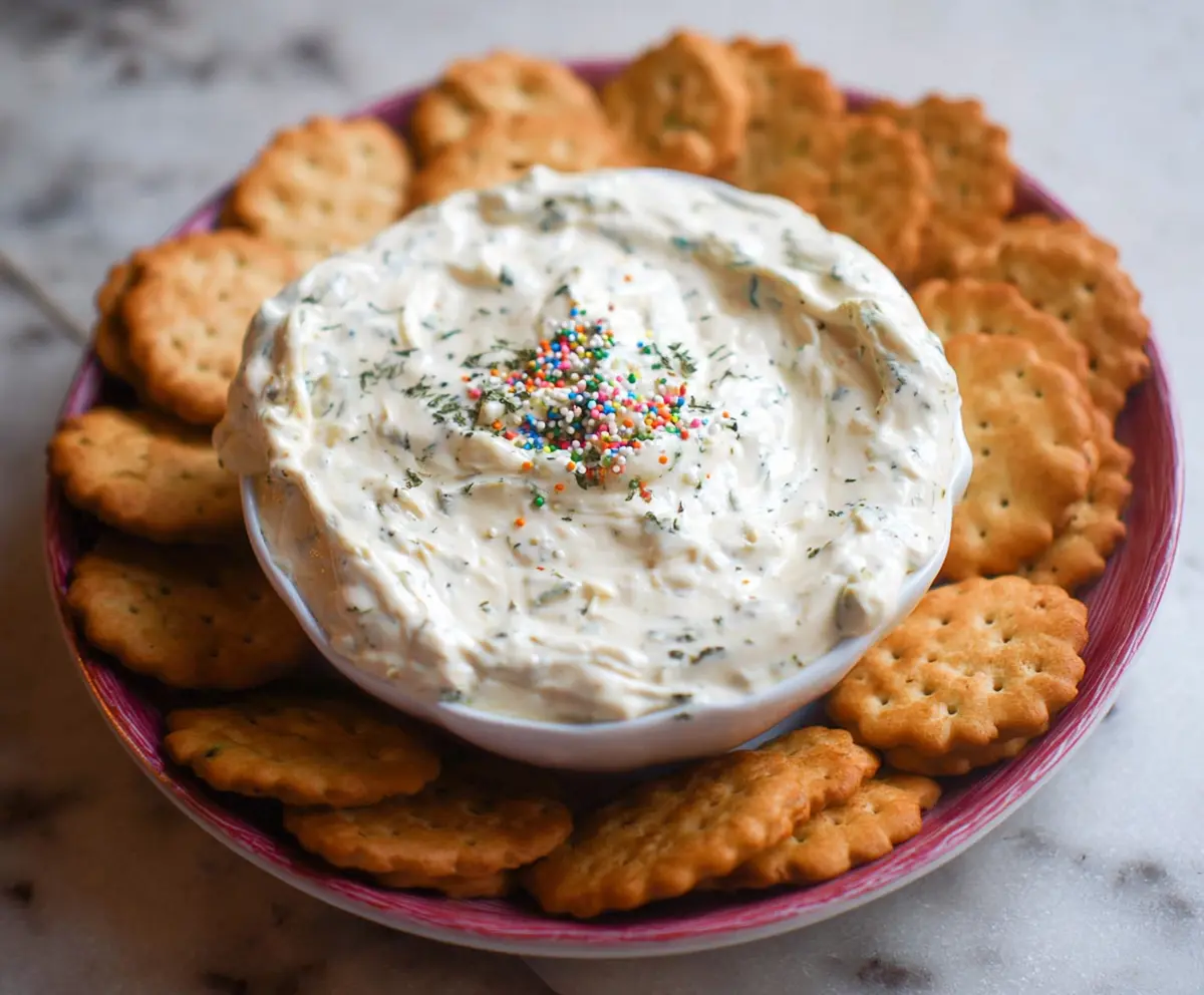 Creamy homemade Dunkaroo dip served with cookies for a fun snack.