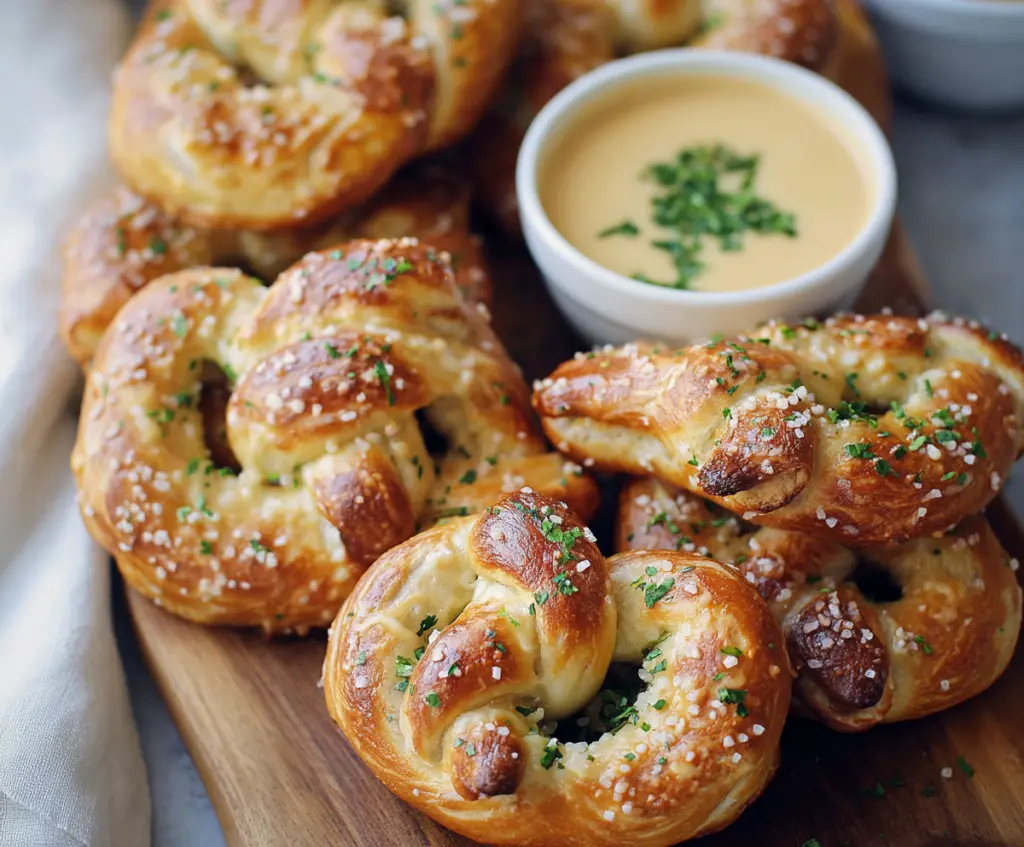 Golden homemade pretzels served with creamy queso dip, perfect for snacking.