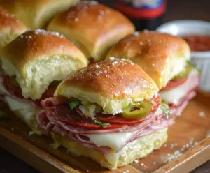 Delicious Hot Italian Sub Sliders with melted cheese, Italian meats, and peppers on a platter.