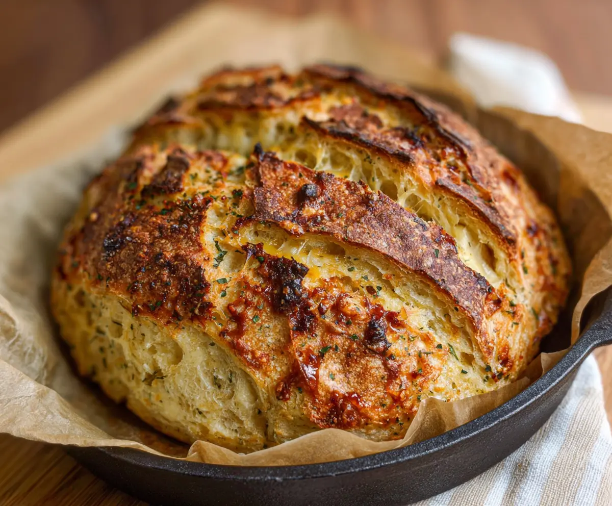 Golden Italian Herb and Cheese Sourdough Bread with a crusty exterior and melted cheese topping.
