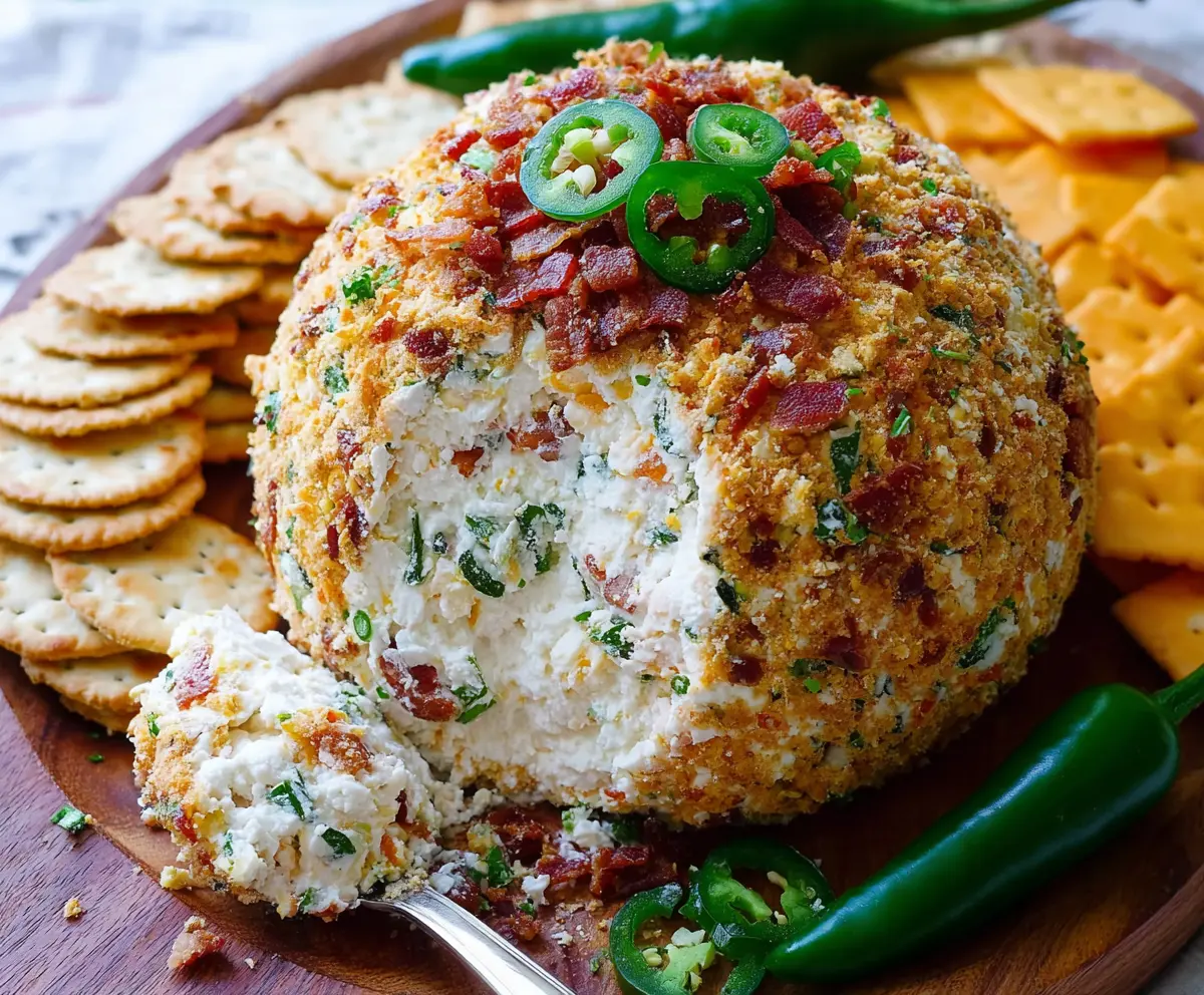 Delicious Jalapeno Popper Cheese Ball garnished with chopped herbs on a serving platter.