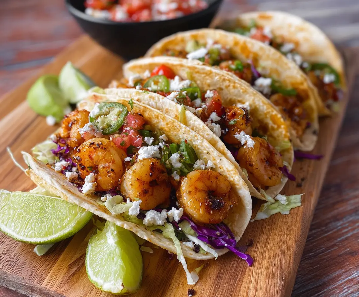 Delicious jerk shrimp tacos garnished with fresh vegetables and herbs on a vibrant plate.
