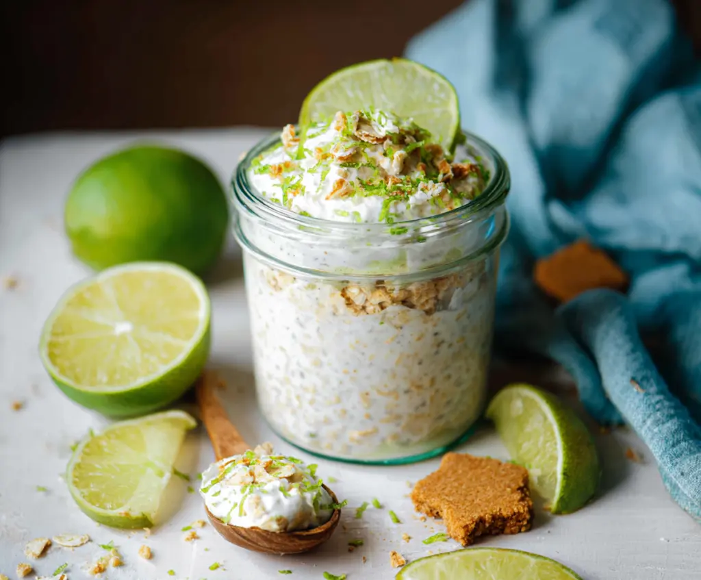 Delicious Key Lime Pie Overnight Oats topped with fresh lime slices and whipped cream.