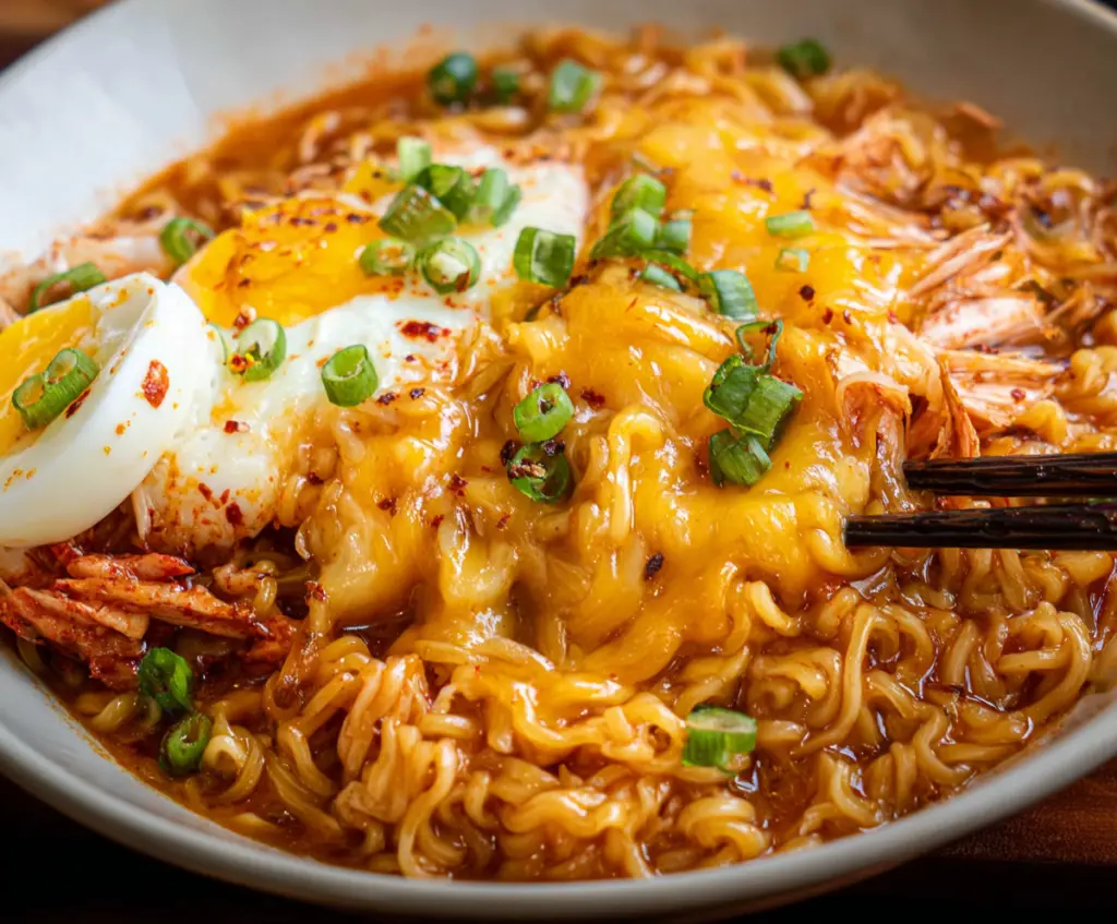 Delicious Kimchi Cheese Ramen in a bowl with melted cheese and spicy kimchi topping