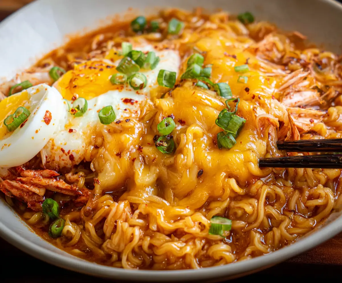 Delicious Kimchi Cheese Ramen in a bowl with melted cheese and spicy kimchi topping