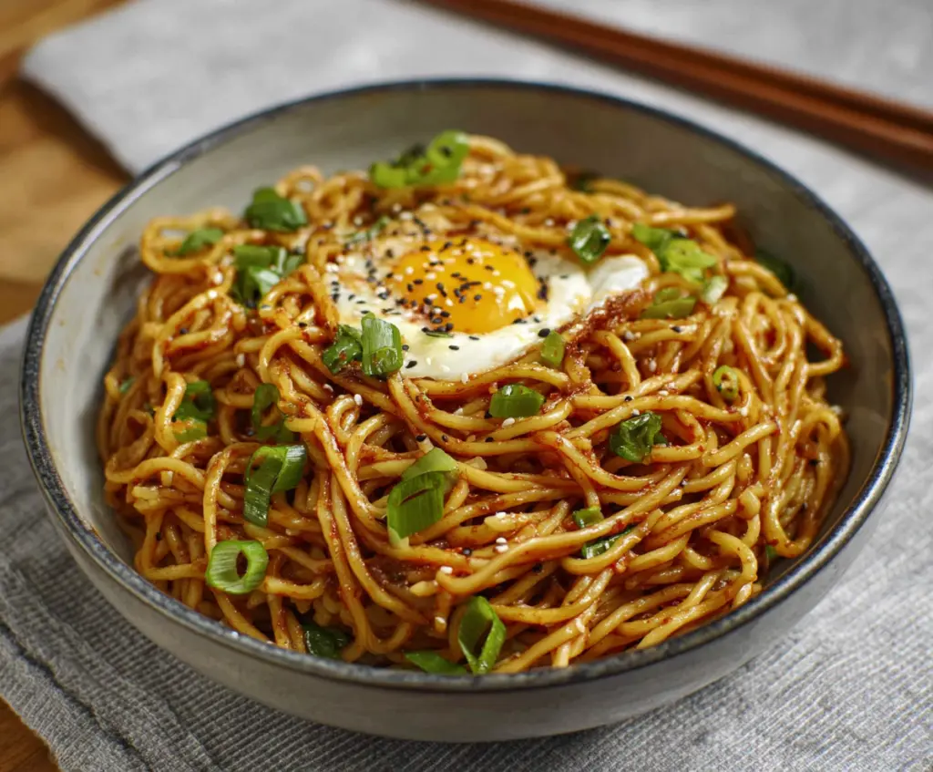 Delicious Korean Garlic Noodles garnished with fresh herbs on a rustic plate.