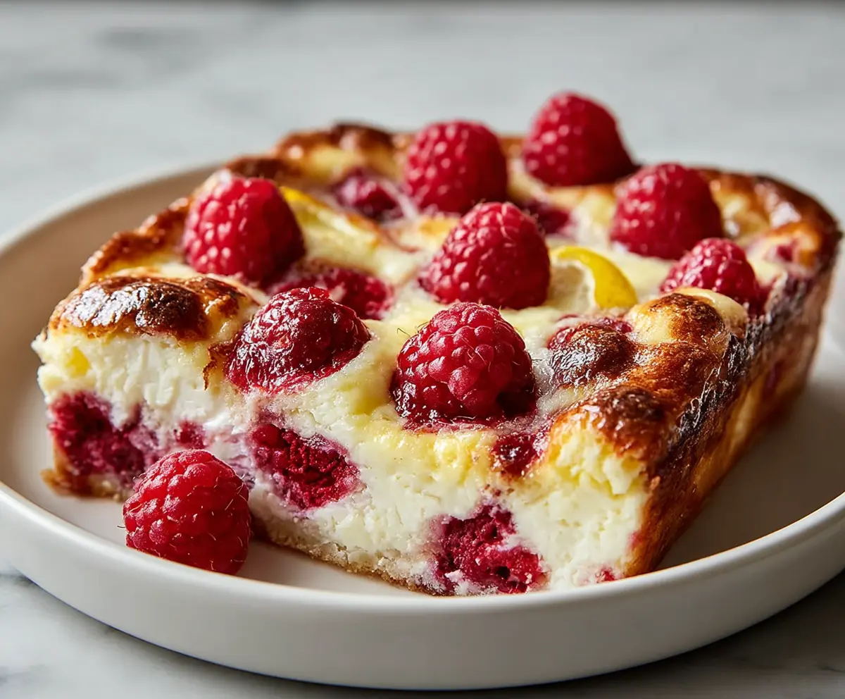 Delicious Lemon Raspberry Cottage Cheese Bake served in a baking dish with fresh raspberries and lemon slices