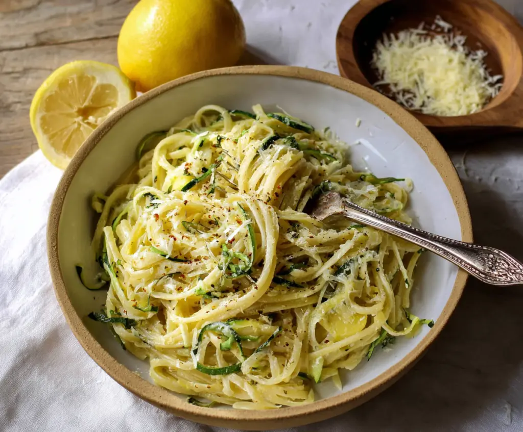 Delicious Lemon Zucchini Pasta garnished with fresh herbs and lemon slices.