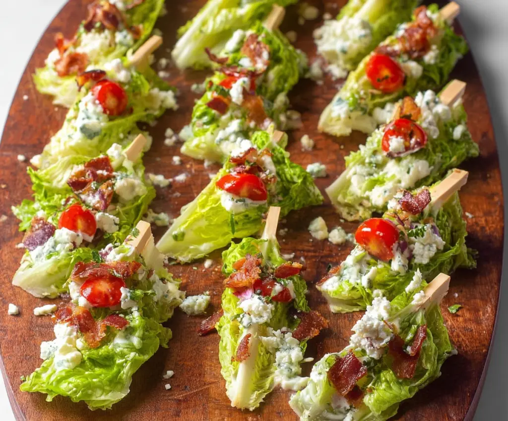 Crispy lettuce wedge bites topped with creamy dressing and fresh herbs on a white plate.